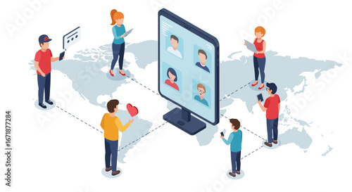 Global online social network connectivity with diverse characters in isometric style