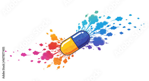 Colorful capsule with exploding paint splashes concept