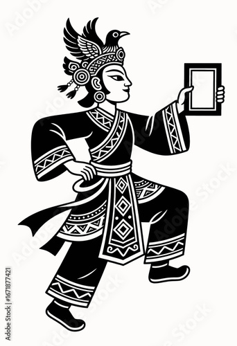 Traditional Dancer Holding Mirror in Cultural Ceremony