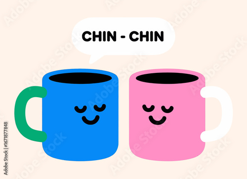 Two Happy Mugs Chatting Over Coffee