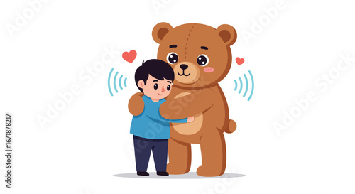 Cute cartoon child hugging large teddy bear with hearts on white background