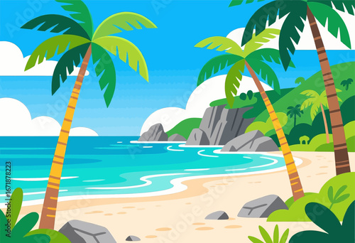 Tropical Paradise Beach with Palm Trees and Blue Waters