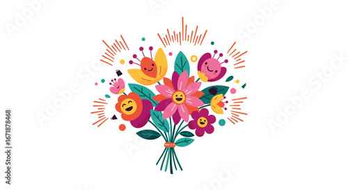 Playful smiley flower bouquet with colorful cartoon blooms and happy faces