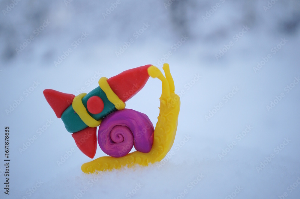 Obraz premium A toy snail with a rocket on a background of snow.