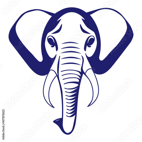 Vector black, blue and white graphic illustration of a stylized elephant head. Eps 10. Vector illustration.