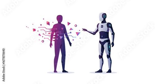 Futuristic interaction of human silhouette and ai robot with digital elements