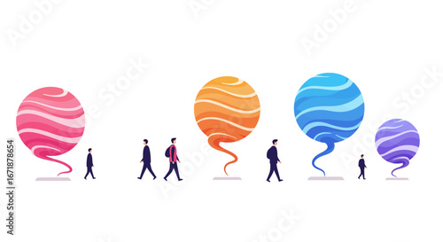 Colorful growth concept with abstract balloons and people figures