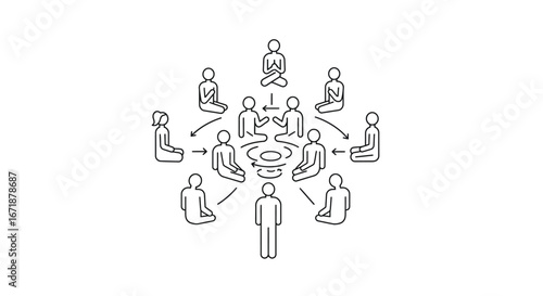 Linear style group discussion illustration with people sitting in a circle for communication and teamwork concept