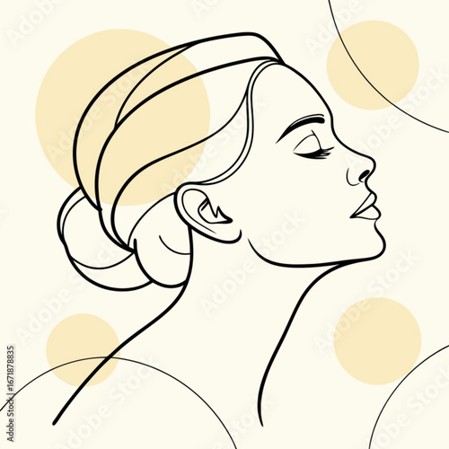 Minimilist line art portrait of a woman with closed eyes and hair in a bun with circular background elements vector