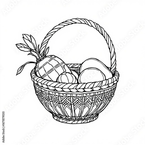 Minimilist a hand drawn basket filled with fruit including a pineapple and eggs in black and white line art style vector