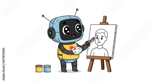 Cute robot painting on canvas: creative cartoon art scene
