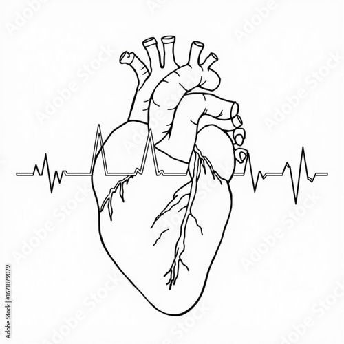 Minimilist anatomical heart illustration with electrocardiogram line in black and white detailed drawing style art work vector