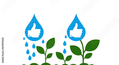 Sustainable agriculture concept with water droplets and plant growth