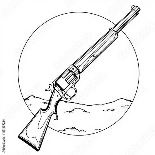 Minimilist illustration of a rifle with a revolver chamber set against a landscape in a circular frame vector