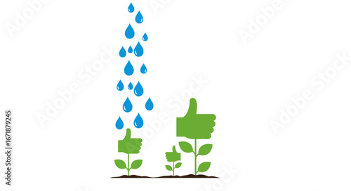 Eco-friendly growth concept with thumbs up and water drops