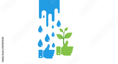 Sustainable growth with water and thumbs up symbols in minimalist design