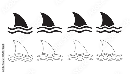 Set of shark fin silhouettes emerging from wavy water surface graphics for marine themes.