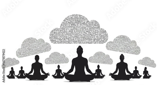 Meditation meets technology: silhouettes in a digital cloudscape