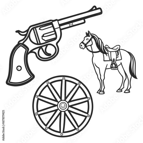 Minimilist illustration of a revolver, a horse with a saddle, and a wagon wheel in black and white outline vector