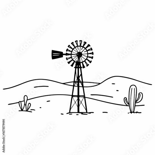 Minimilist simple line art of a windmill in a desert landscape with cacti and rolling hills drawn in black and white vector