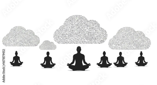 Silhouette meditation with text clouds: balancing tranquility and words