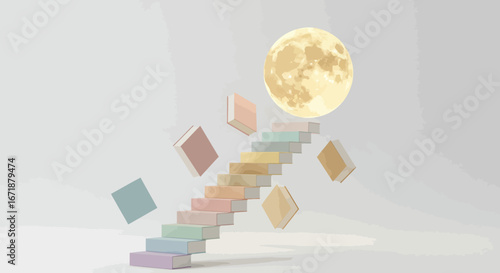 Surreal staircase and floating books lead to a full moon in minimalist dreamscape