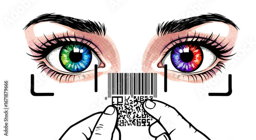 Colorful eyes and barcode scanner with qr code for technology concept design