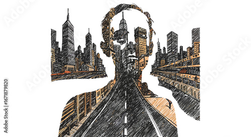 Urban double exposure cityscape with road and skyscrapers in sketch style