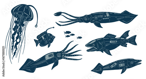 Retro mechanical sea creatures on white background