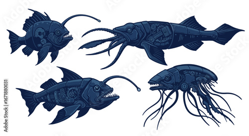 Steampunk cyber fish: mechanical deep sea creatures in dark blue design