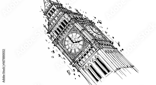 Big ben sketch with exploding elements in abstract linear art style