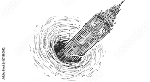 Sketch of clock tower tilted in whirlwind: hand drawn urban fantasy art