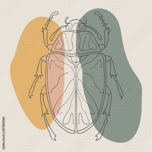 Minimilist minimalist beetle outline with abstract color blocks in mustard pink and muted green design art vector