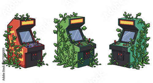 Retro arcade machines overgrown with green vines in pixel art style