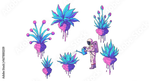 Colorful cosmic garden: astronaut watering dripping fantasy plants