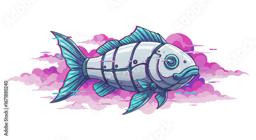 Futuristic mechanical fish with vibrant clouds in background