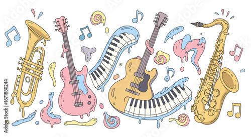 Colorful hand-drawn musical instruments with abstract elements