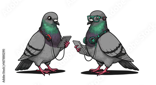 Trendy pigeons with gadgets and headphones in cartoon style