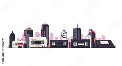 Retro cityscape with cassette tape buildings in flat minimalist style