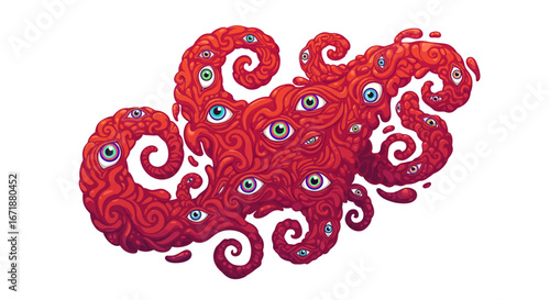 Colorful red swirl with eyes on tentacle-like pattern, surreal design on white