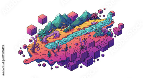 Isometric fantasy landscape with geometric shapes and vibrant colors in surreal style