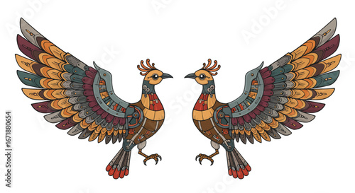 Steampunk birds with colorful wings in symmetrical design