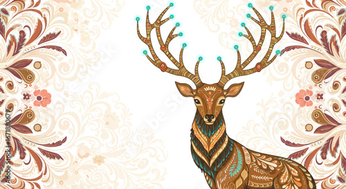 Intricate floral deer design with detailed antlers and ornate patterns