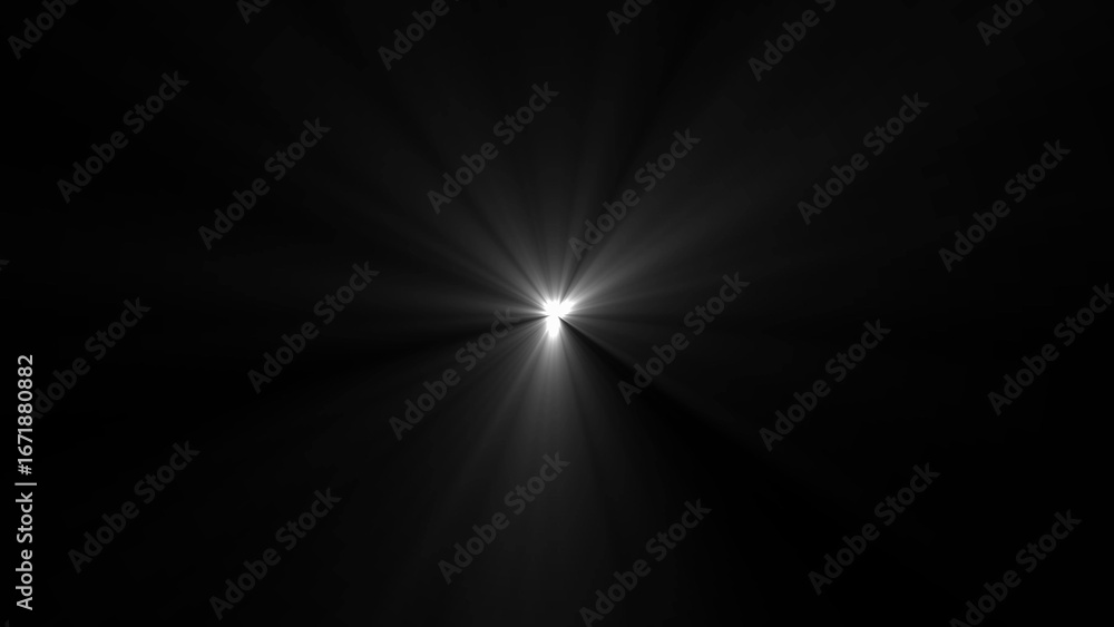 Fototapeta premium Bright White Light Source Emitting Radial Beams in Complete Darkness glow