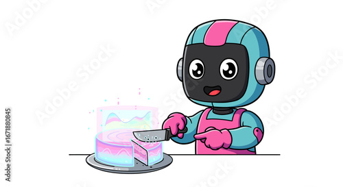 Cute robot chef serving colorful cake in futuristic cartoon style