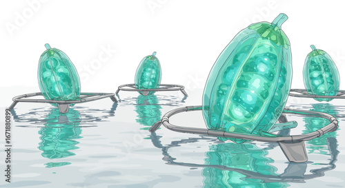 Futuristic hydroponic pods on water with transparent organic design