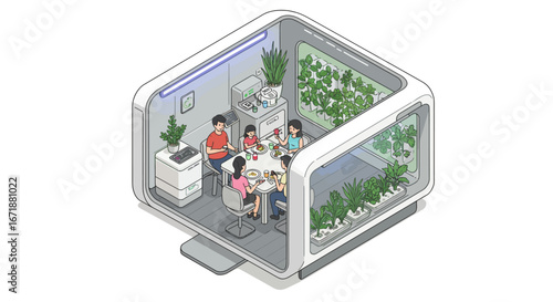 Sustainable family dining in futuristic kitchen with indoor hydroponic garden in isometric design