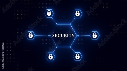 Digital Security Network Concept with Lock Icons Connected to Central Security Text connection protection
