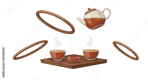 Floating teapot and cups with wooden rings on a tray in a charming tea design