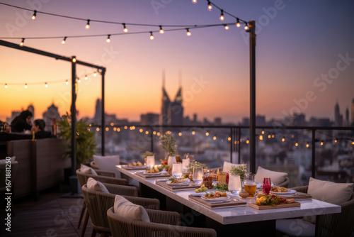 Elegant Rooftop Dining Experience at Sunset with City Skyline and String Lights